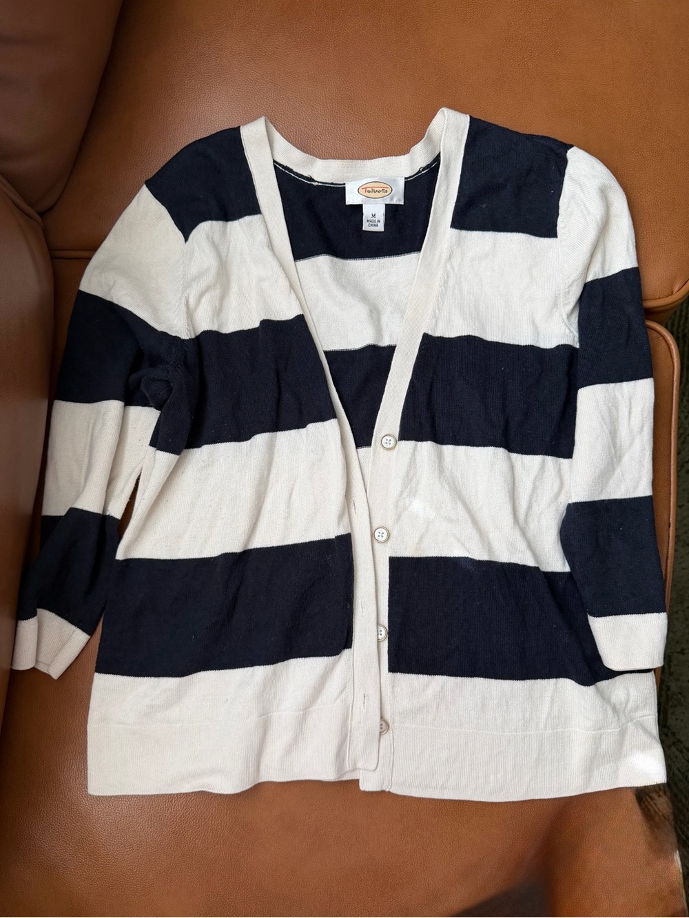 Talbots Navy and Cream Striped Button-Front Cardigan